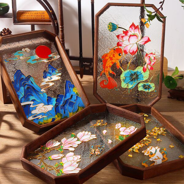 No Need for Filigree Work, Tea Tray with Filigree Enamel, Intangible Cultural Heritage, Cloisonné, Walnut Wood, Glass Tray, Good Luck Carp, Handmade Gift