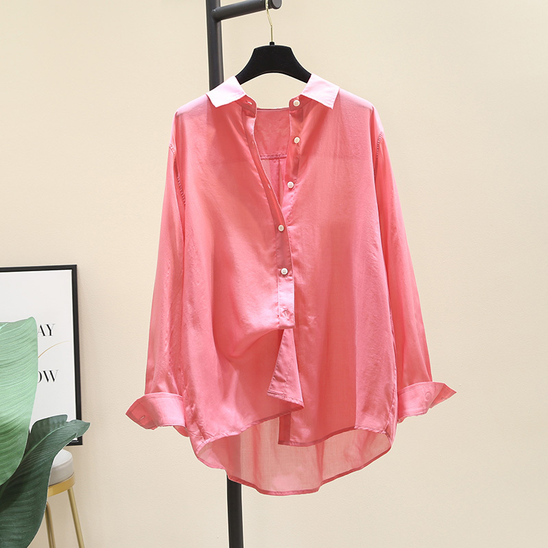 Design-Focused Niche Watermelon Red Tencel Cotton Shirt for Women, 2026 Summer New Long-Sleeve Shirt, Thin Inner Layer Top