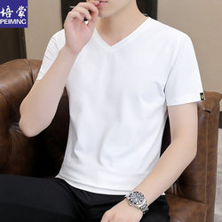 Peimeng ice silk cotton cotton neck V-sleeved T-shirt men's sweetheart collar solid color cool breathable thin large size loose bottoming shirt