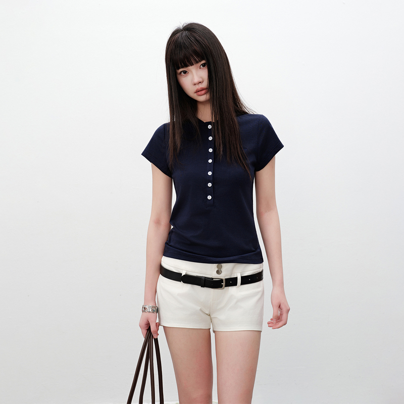 Nextdawn Voyage Diary Navy Blue Button-Down Tencel Henley Collar Short Sleeve Women's Summer Slim Fit T-Shirt Top Nextdawn Voyage Diary Navy Blue Button-Down Tencel Henley Collar Short Sleeve Women's Summer Slim Fit T-Shirt Top