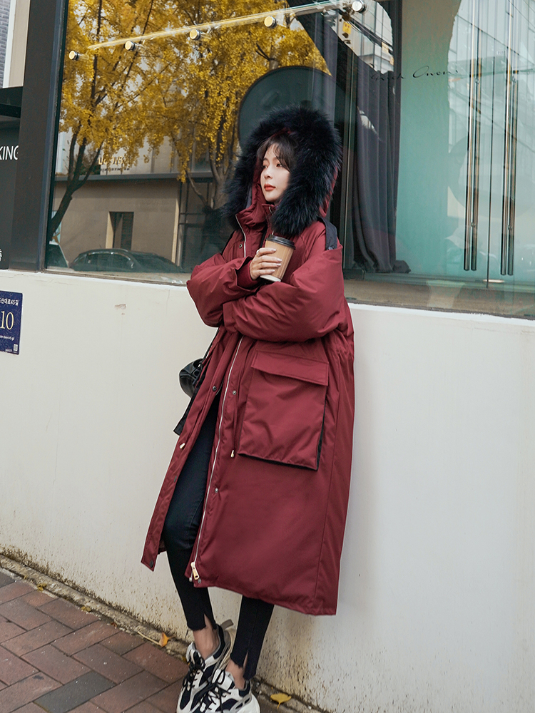 Lecea Alice down padded jacket women's 2022 winter new jujube red long version fur collar drawstring work jacket