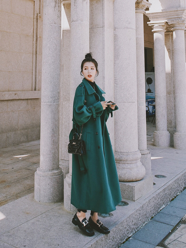 Lecea Alice Mao's coat daughter 2022 Winter new loose over knee long version Ink green cashmere Grand coat