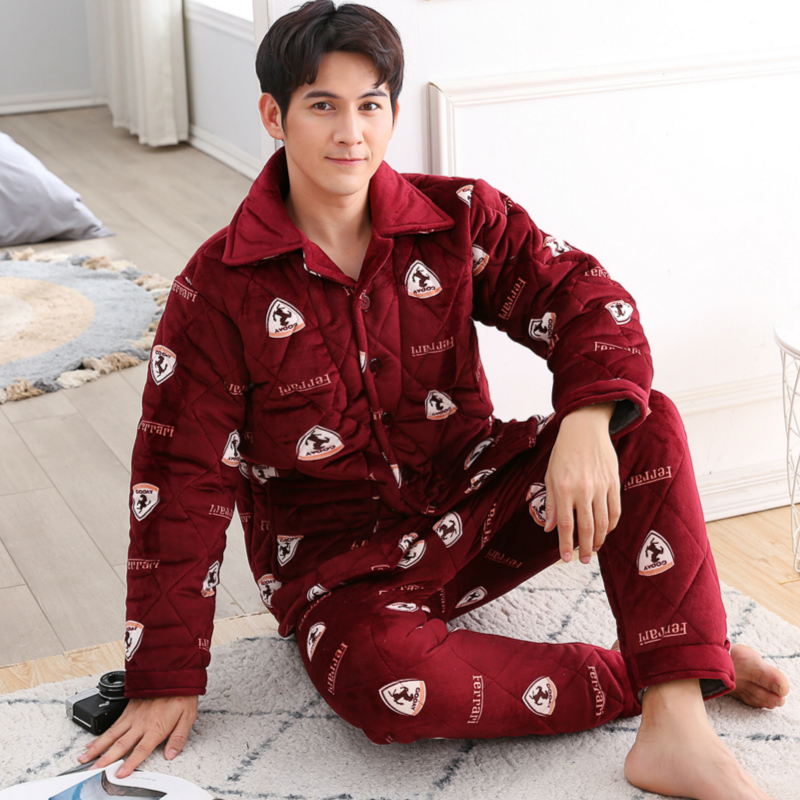 Mùa đông nam ba lớp dày san hô lông cừu bộ đồ ngủ cộng với nhung trung niên cotton áo khoác pha lê cashmere dịch vụ nhà quần áo ngủ nữ