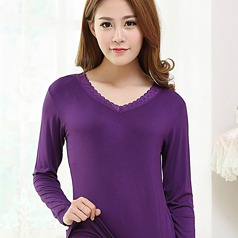 Autumn and winter thin one-piece top lace V-neck modal slim underwear women's long-sleeved bottoming shirt cotton sweater autumn clothes