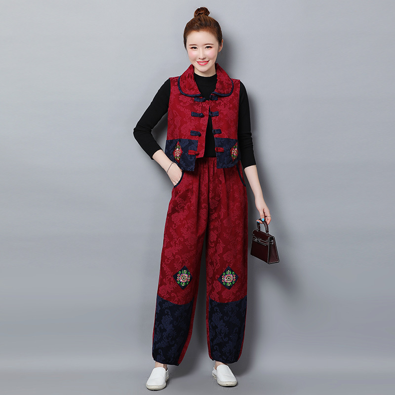 Ethnic Style Tang Suit Retro Fashion Cotton and Linen Red Two-Piece Set Vest Waistcoat Top Lantern Pants Suit for Women Ethnic Style Tang Suit Retro Fashion Cotton and Linen Red Two-Piece Set Vest Waistcoat Top Lantern Pants Suit for Women