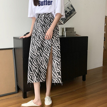 South Island wind plus size womens 2021 summer new zebra pattern long split fat sister mm slim half skirt