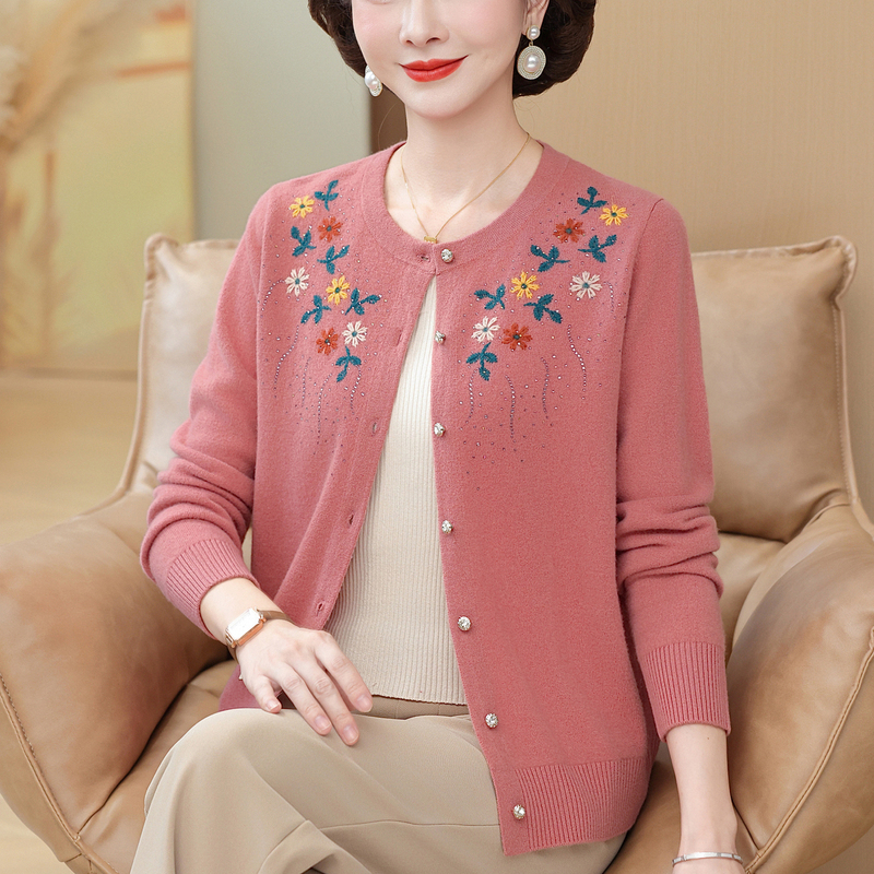 Ordos City Middle-Aged and Elderly Women's Cashmere Sweater Autumn and Winter Red Wool Cardigan Coat Grandma's Knitted Sweater