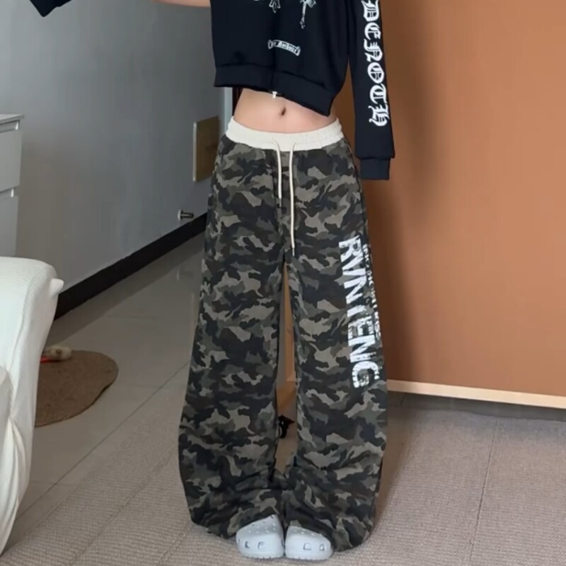 American Street Style Retro Letter Print Camouflage Sweatpants for Women, Loose Straight-Leg Casual Versatile Wide-Leg Pants for Dancing