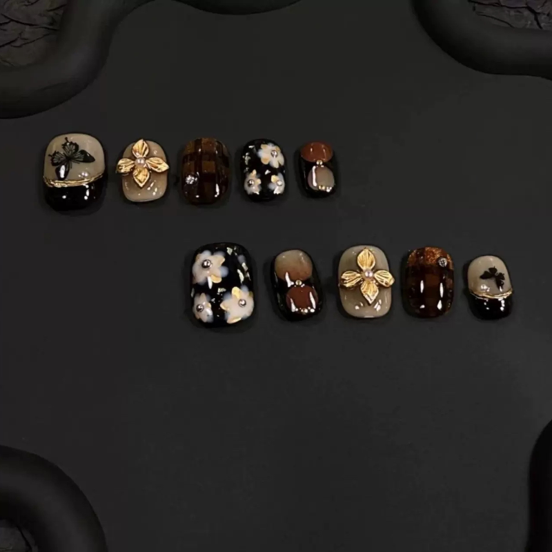 [Money to Spend] Handmade Wearable Nails, French Cat-Eye Butterfly Manicure, Golden Brown Amber Gradient, Brightening Short Nails