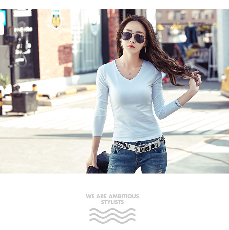 Áo thun cotton trắng cổ chữ V nữ dài tay mùa thu đông mới phiên bản Hàn Quốc của áo sơ mi nữ body sơ mi nữ màu rắn áo polo nữ tay lỡ