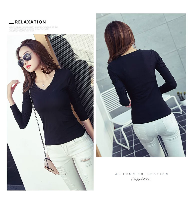 Áo thun cotton trắng cổ chữ V nữ dài tay mùa thu đông mới phiên bản Hàn Quốc của áo sơ mi nữ body sơ mi nữ màu rắn áo phông rộng