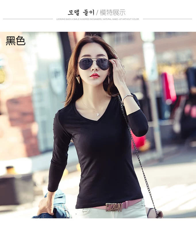 Áo thun cotton trắng cổ chữ V nữ dài tay mùa thu đông mới phiên bản Hàn Quốc của áo sơ mi nữ body sơ mi nữ màu rắn áo phông rộng