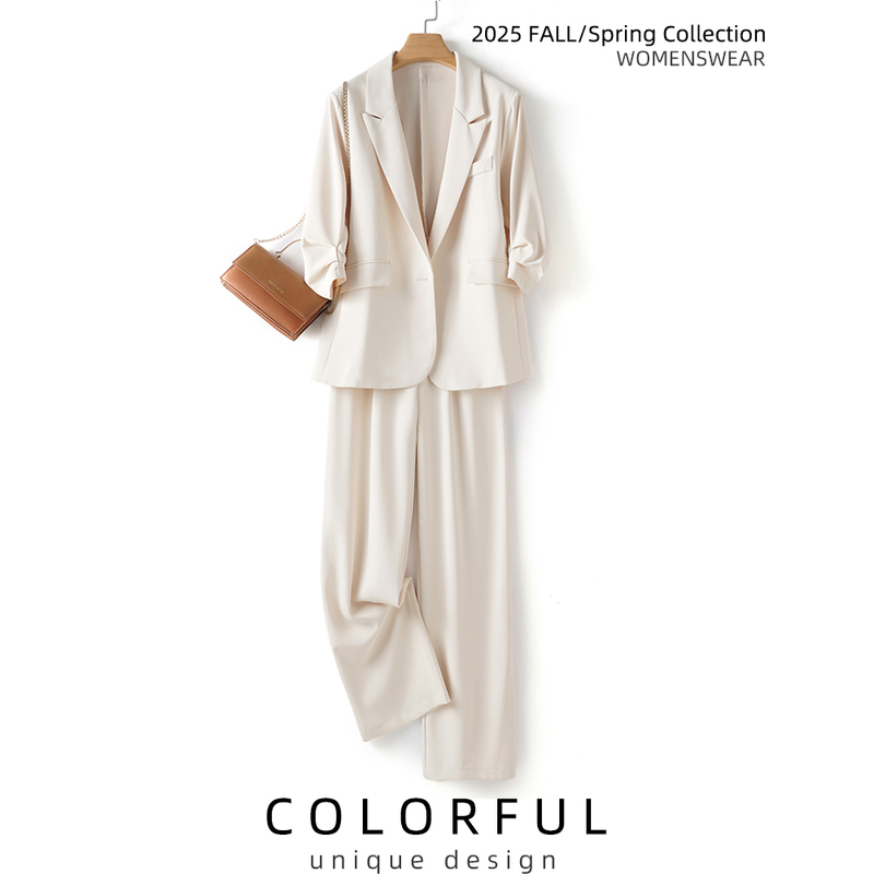 Summer Thin Style Paired with a Complete Suit Set for Women, New Casual Loose-Fitting Three-Quarter Sleeve Suit + Casual Long Pants Set