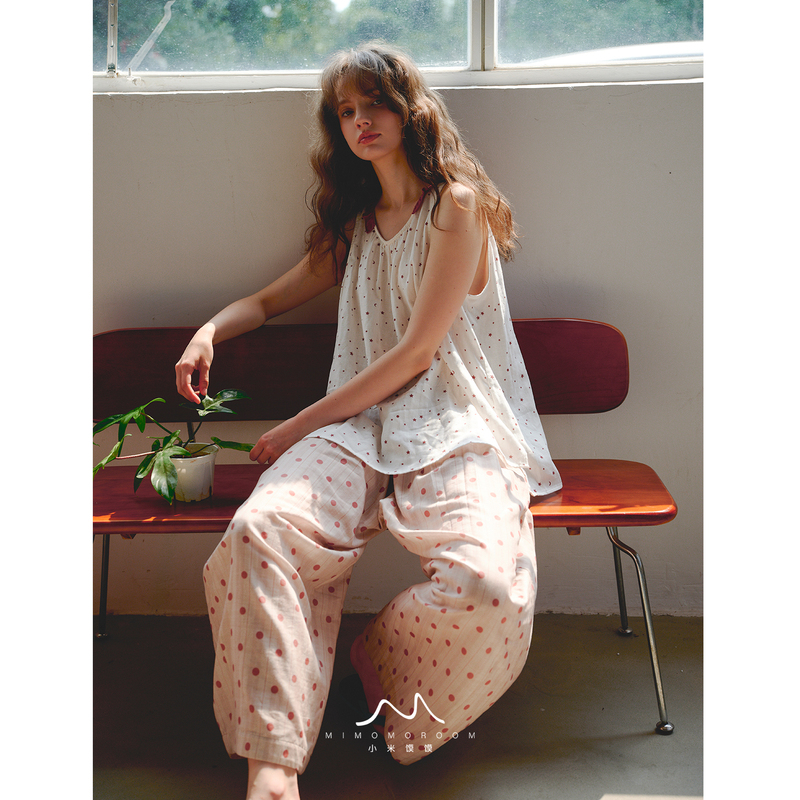 Polka Dot Star Girl Pure Cotton Gauze Vest Long Pants Pajamas Round Neck Breathable Brightening Loungewear Summer Set for Outerwear