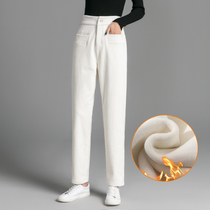 Rice White Light Core Suede Pants Woman Winter Plus Suede Thickened High Waist Tightness Waist Straight Drum Turnip Pants Grandma Pants