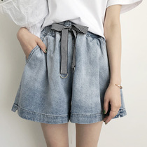 Wide leg denim shorts womens high waist a word 2019 spring elastic waist large size loose fat mm net red retro student