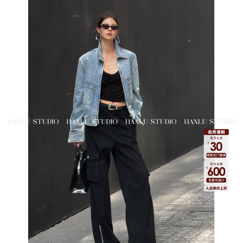 Hanlu Studio Original Niche Xinjiang Cotton Sand-Washed Light Blue Fashionable Lapel Denim Jacket