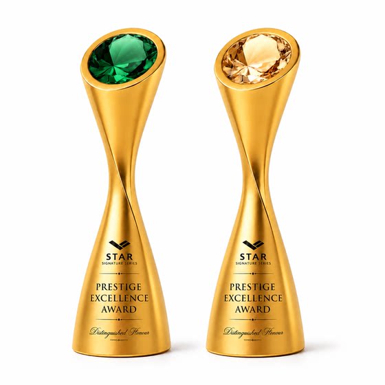 High-End Gold-Plated Resin Crystal Trophy and Medal Custom-Made for Annual Awards Ceremony to Honor Outstanding Employees with a Sense of Prestige
