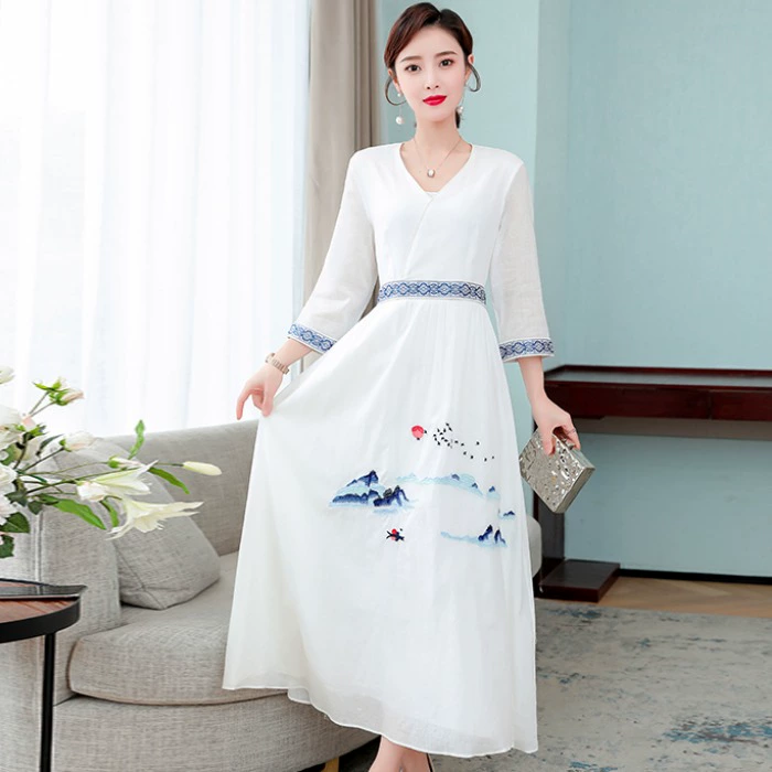 Mùa hè 2020 nguyên bản kiểu váy Trung Quốc Hanfu retro thêu hoa là cotton mỏng và vải lanh phong cách dân tộc - Váy dài