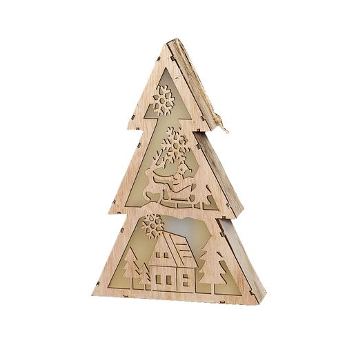 Рождественские украшения, макет сцены, деревянная круглая рождественская елка, лось, старик, освещение, настольные украшения