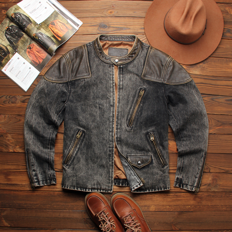 Vintage Venom Leather Jacket for Men, Denim Fabric with Cowhide, Washed and Distressed, Stand-Up Collar, Short Slim-Fit Biker Jacket Vintage Venom Leather Jacket for Men, Denim Fabric with Cowhide, Washed and Distressed, Stand-Up Collar, Short Slim-Fit Biker Jacket