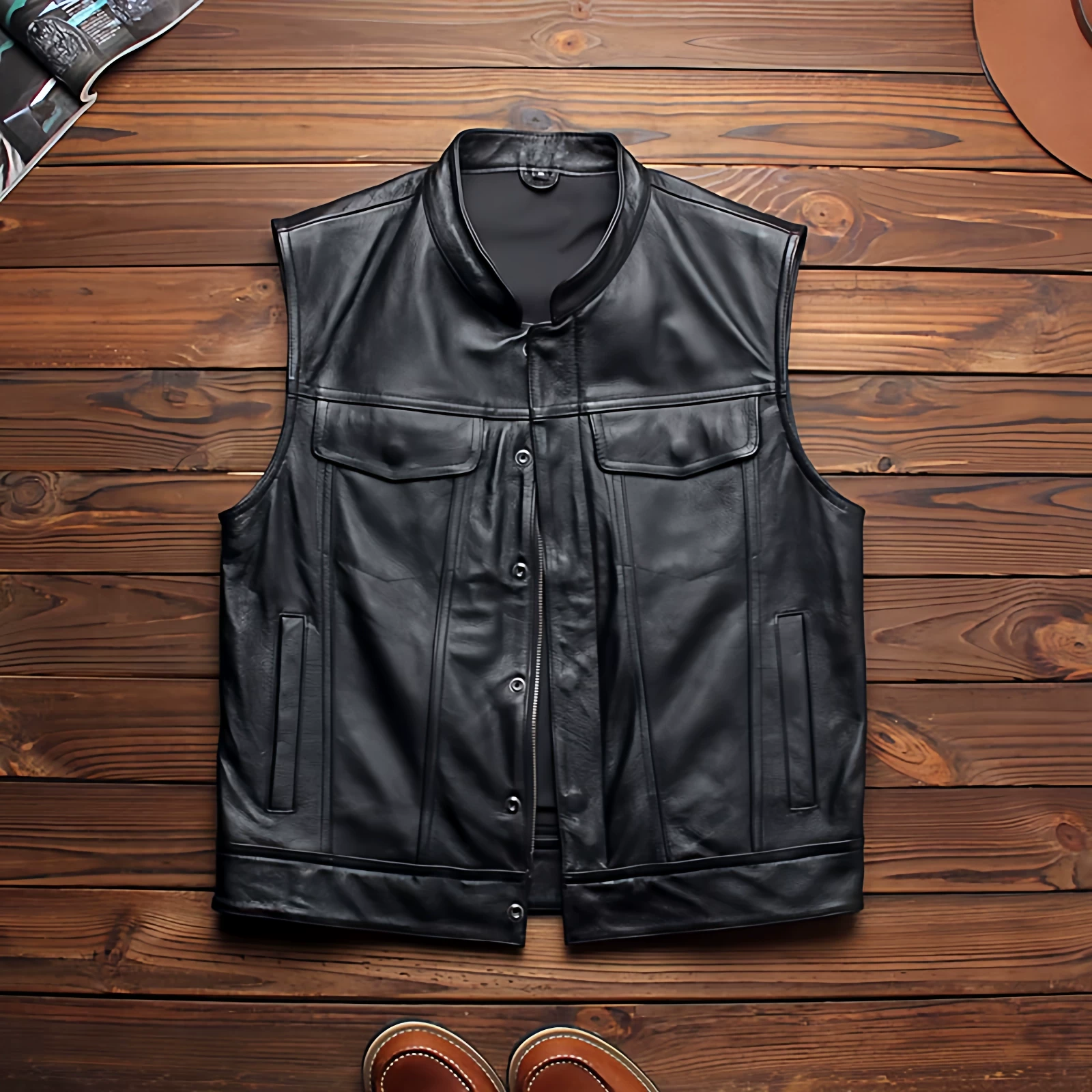 Кожаный жилет, slim fit, с вышивкой