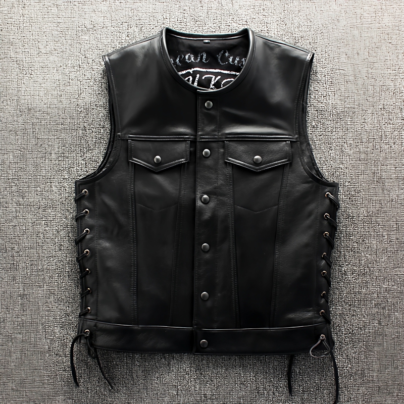 New Chaos Sons Genuine Leather Vest for Men, First Layer Cowhide, Stand Collar, Slim Fit, Rock Motorcycle Biker Leather Vest