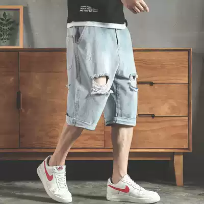 Tide brand hole denim shorts men's summer harbor wind trend ins loose Joker outside wear casual sports five-point pants