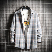 Tide brand Plaid striped shirt mens ins trend loose plus size wild casual handsome shirt long sleeve jacket