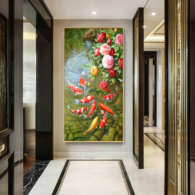 New Chinese hand-painted oil painting Peony Nine Fish Figure Every year there are fish entrance corridor American modern simple European style hanging paintings