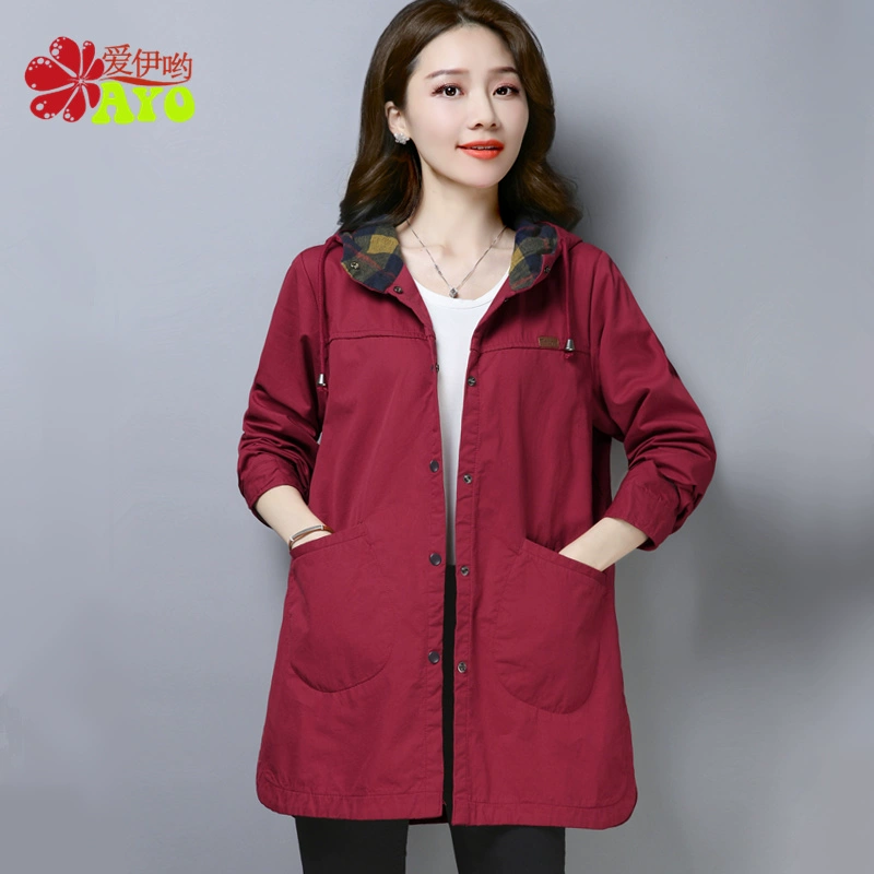 Văn học và nghệ thuật cổ điển áo gió cotton của phụ nữ trung niên áo khoác dài cỡ trung bình thường cộng với kích thước mùa xuân và mùa thu áo khoác bông có mũ trùm đầu tất cả các kết hợp - Trench Coat