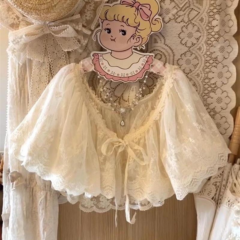 Lolita Lace Shawl with Sweet Lace Trim, Double-Layer Vintage Cardigan, Lolita Shawl with Fringe Lolita Lace Shawl with Sweet Lace Trim, Double-Layer Vintage Cardigan, Lolita Shawl with Fringe