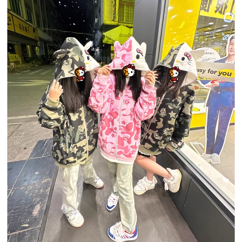 All-Over Print Kitty Cat Hooded Sweatshirt for Women 2025 Spring and Autumn Loose Oversize Preppy Style Couple Camouflage Jacket