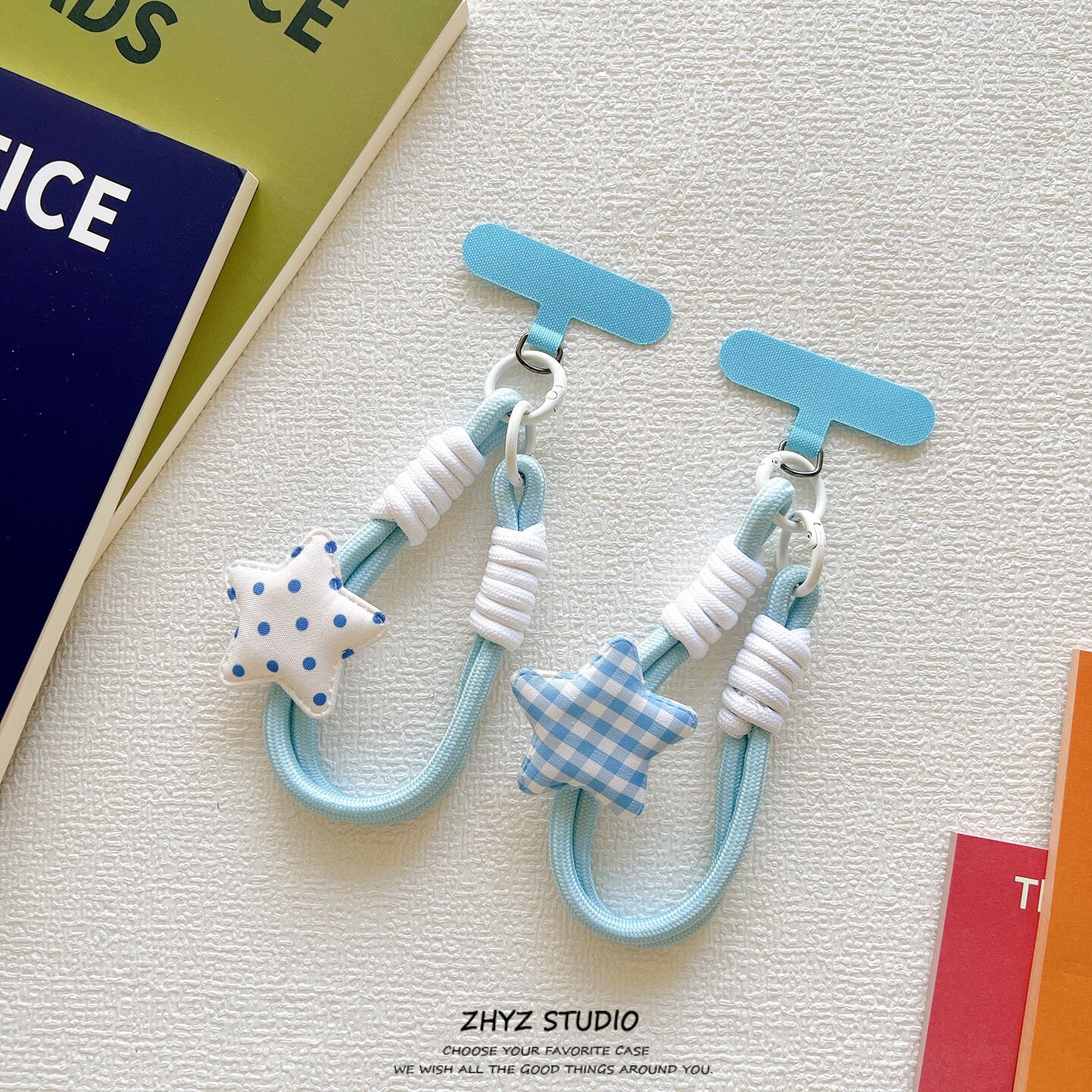 Unique and creative polka dot, plaid, and star-patterned phone lanyard, woven short strap with clip, phone case, and key charm.