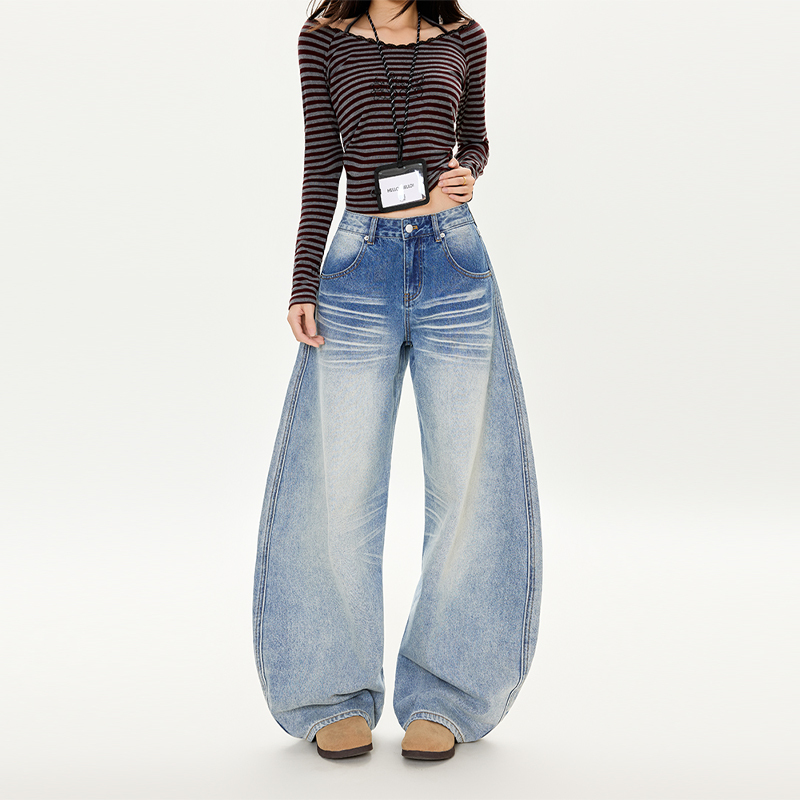 American-Style Washed Light-Colored Wide-Leg Jeans for Women, Spring/Summer 2026 New Style, Loose Fit, Slimming, Low-Waist, Floor-Length Pants
