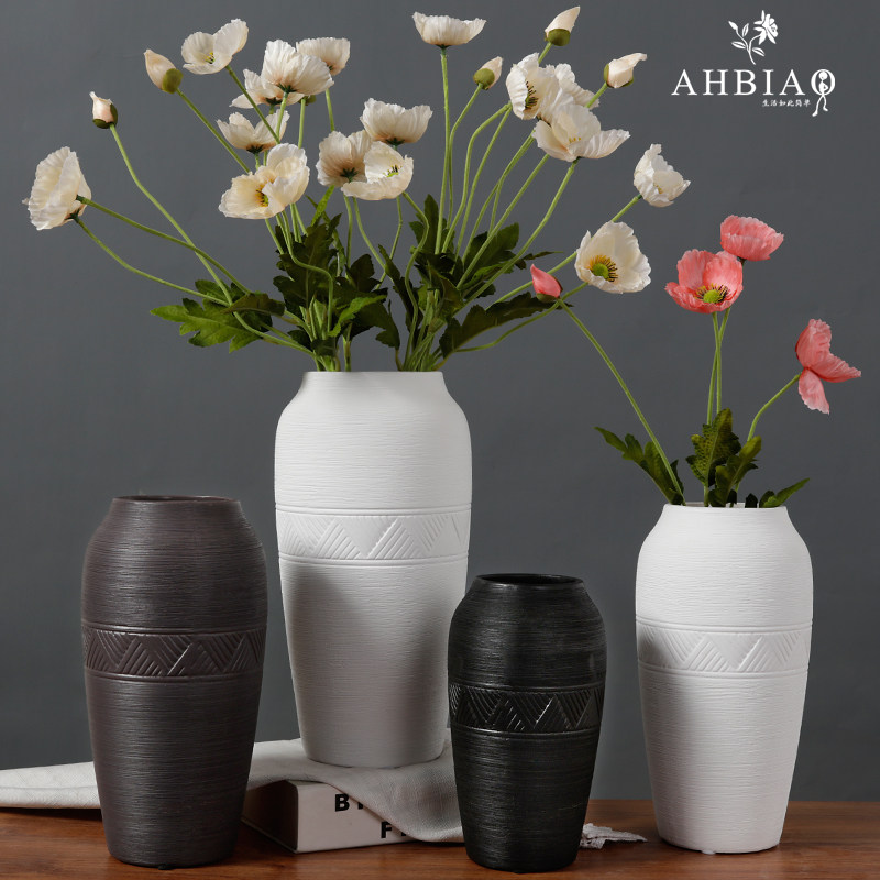 Ceramic Flower Arrangement Wire Drawing Creative Living Room Hem White Minimalist Modern Instrumental Nordic Dry Flowers Water Peau Style Vase-Taobao