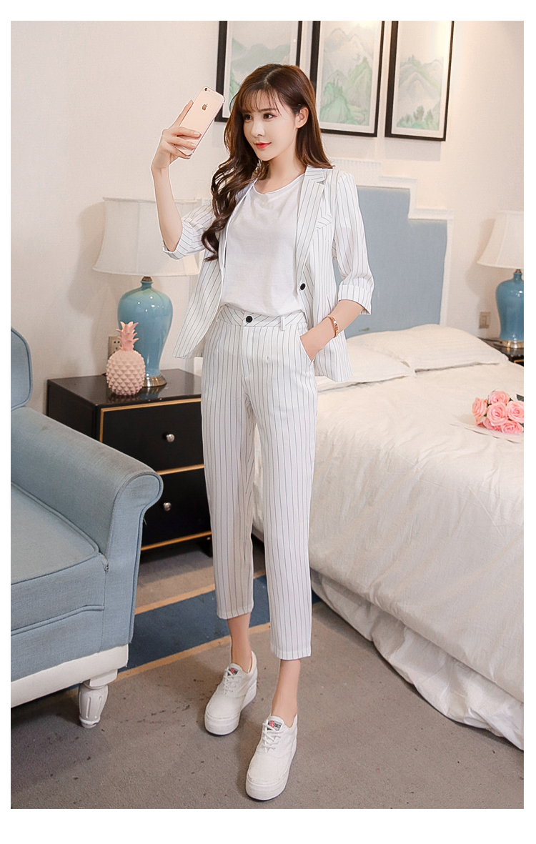 Mùa hè phiên bản Hàn Quốc của tay áo năm điểm nhỏ phù hợp với nước hoa phù hợp với phụ nữ áo khoác + chín quần hai bộ thủy triều áo khoác nữ hàng hiệu