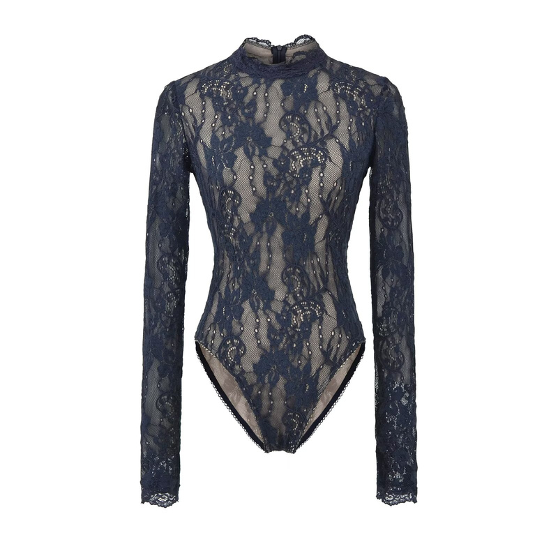 Half-High Collar Double-Layered Embossed Crochet Lace Round-Neck Bodysuit Slim Fit Inner Layer Base Shirt Top