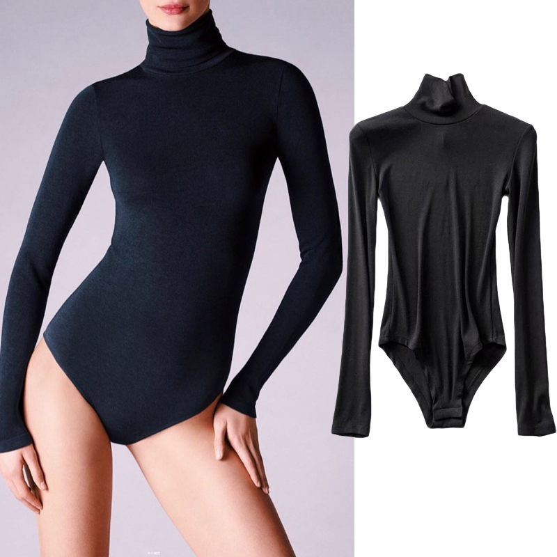 European and American Style Tight-Fitting Elastic High-Neck Long-Sleeve Bodysuit for Women, Versatile Solid Color Ribbed Slim-Fit Base Shirt T-Shirt Top