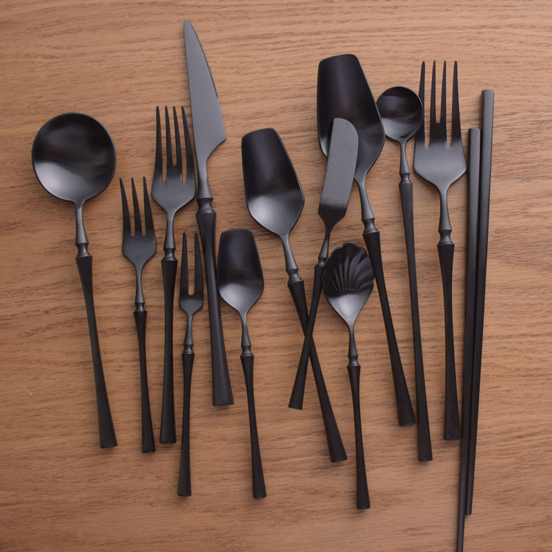 Nordic Black Steak Knife Fork Spoon Soup Spoon Small Brute Waist ins304 Stainless Steel Western Cutlery Three Sets Sweet Pitchforks