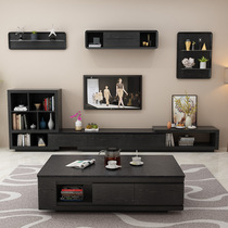 Flaming Stone coffee table TV cabinet combination simple modern Nordic retractable TV cabinet volcanic stone tea table Black