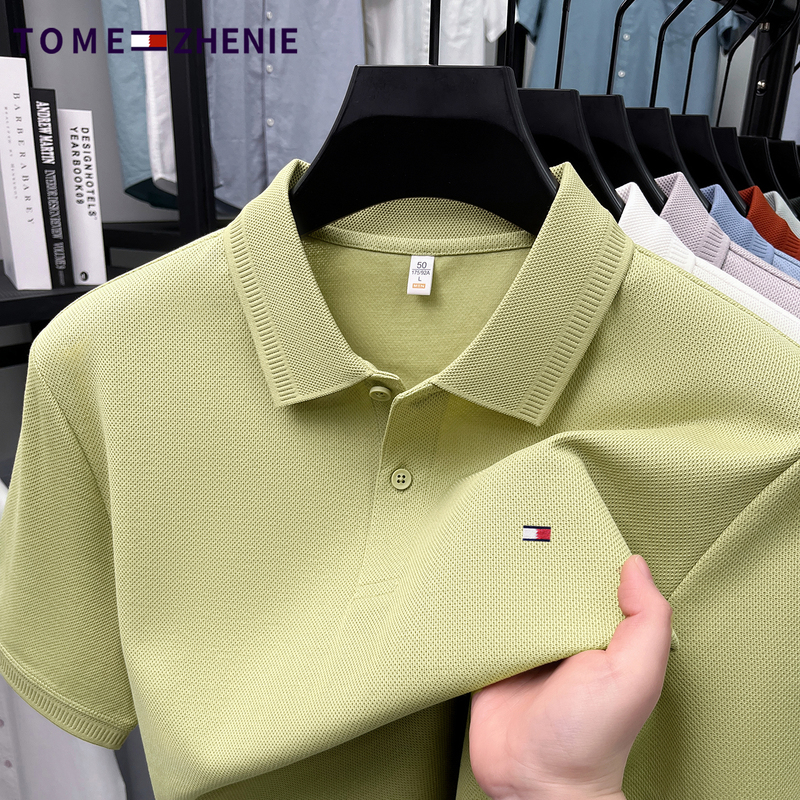 Tommy Pure Color Short-Sleeved T-Shirt Men's Lapel Polo Shirt Summer New Men's Half-Sleeved High-End Casual Top Cotton T-Shirt