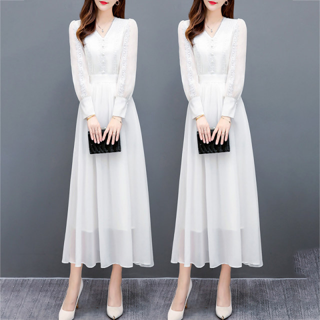 2023 spring and summer new fashion temperament super fairy white silk mulberry silk dress lace stitching slim dress