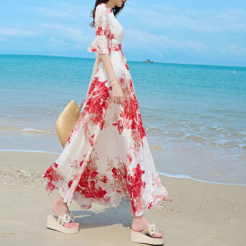 2025 Summer New Fashion Elegant Floral Chiffon Mulberry Silk Dress Slim Fit Beach Dress Long Skirt with Large Hem 2025 Summer New Fashion Elegant Floral Chiffon Mulberry Silk Dress Slim Fit Beach Dress Long Skirt with Large Hem