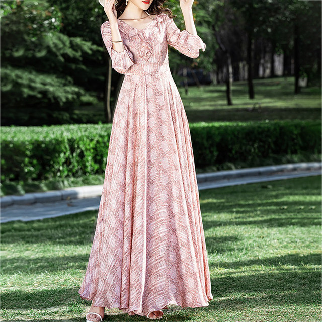 2023 spring fashion temperament high-end silk mulberry silk dress slim fit and slim beach vacation big swing long skirt