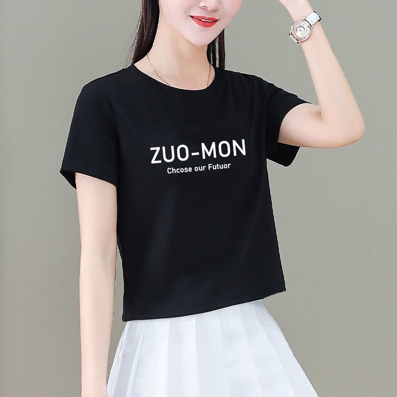 100% Pure Cotton Summer Short-Sleeved T-Shirt for Women, Printed, Fresh, Loose, Slimming, High-Waisted Top for Petite Women
