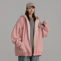 Peppermint planet winter lamb coat women plus velvet thickened Korean loose ins trend Joker hooded sweater