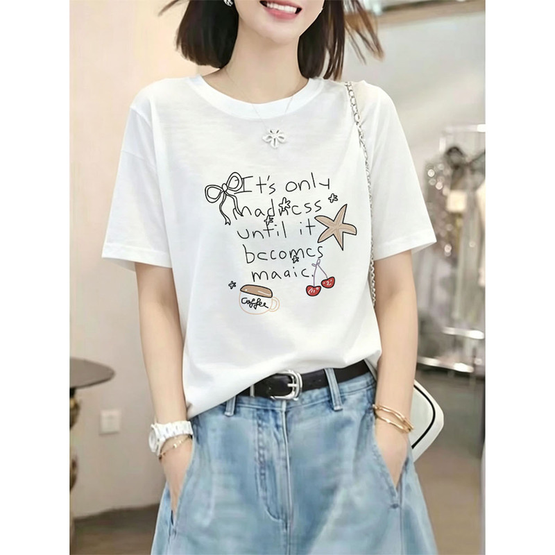 White T-Shirt for Women 2026 New Style Round Neck Snowflake Cotton Short-Sleeved High-End Stylish and Trendy Top for Summer Wear