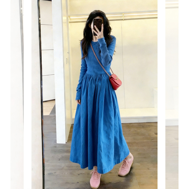 Diandian 2026 Spring New European Style Lazy Casual Waist-Cinching Slimming Long Dress Blue Long Dress
