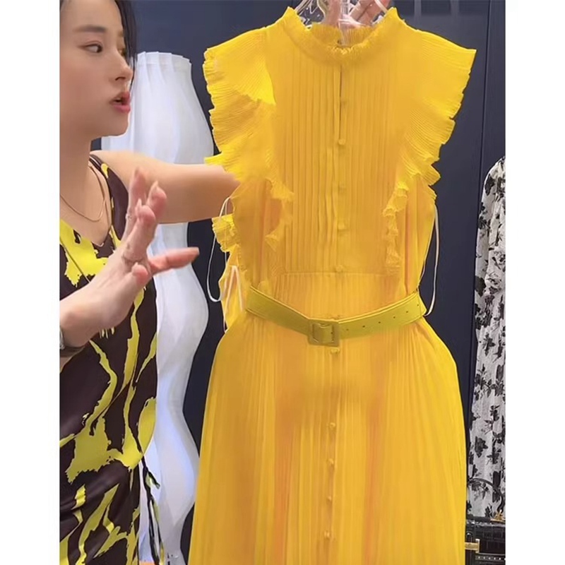 2026 New Summer Light Luxury French Style High-End Elegant Exquisite Socialite Slim-Fit Round-Neck Yellow Dress